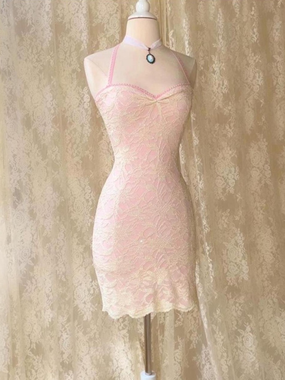 Handmade Pink Lace Sparkly Halter Bodycon Dress